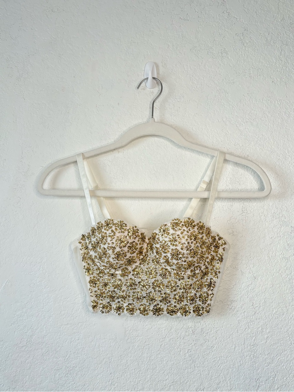 bebe White Bustier Crop Top with Gold Sequin Floral Embellishment